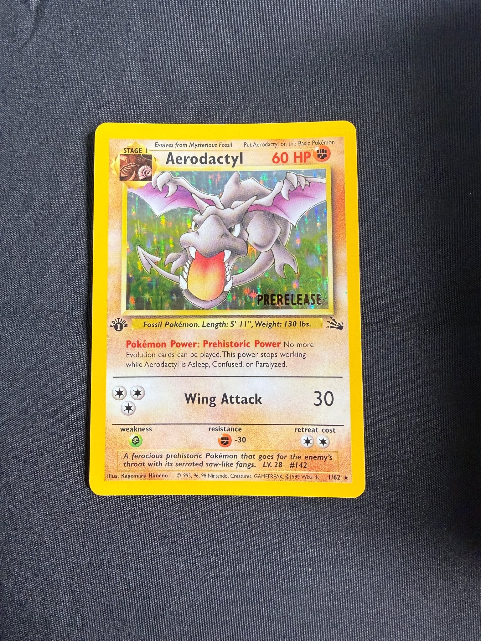 1999 Aerodactyl Fossil 1st Edition Prerelease Holo 1/62 front