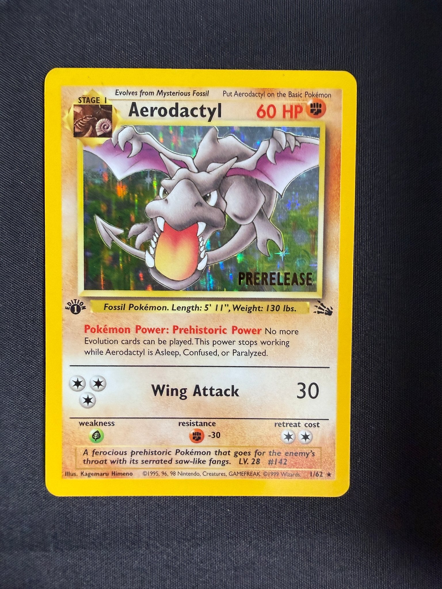 1999 Aerodactyl Fossil 1st Edition Prerelease Holo 1/62 front