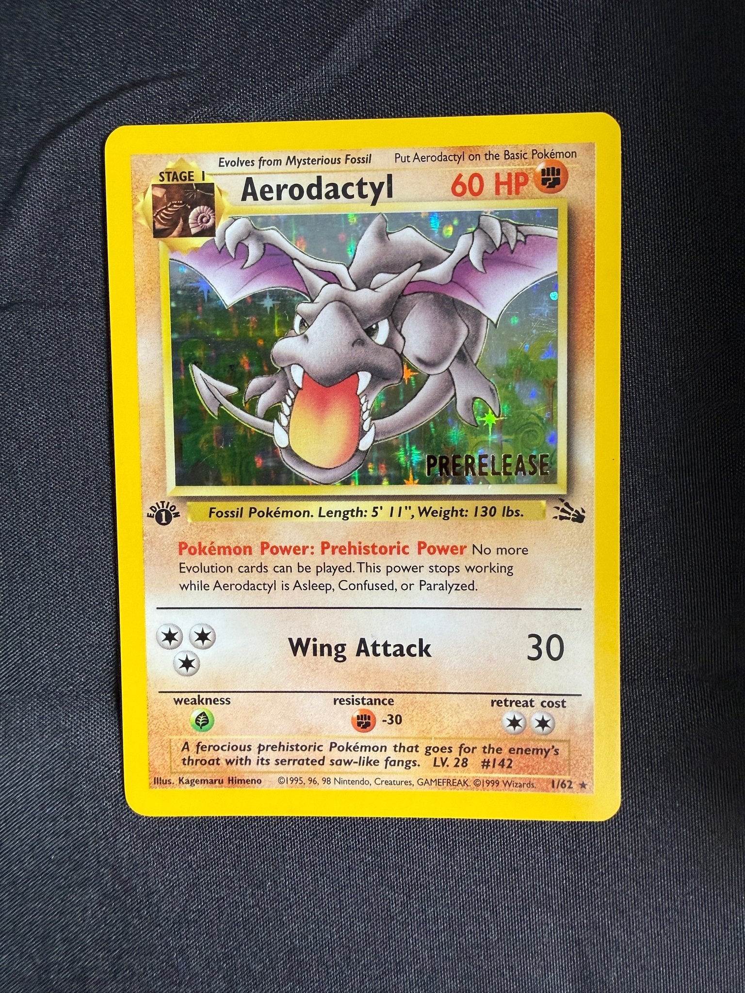 1999 Aerodactyl Fossil 1st Edition Prerelease Holo 1/62 front
