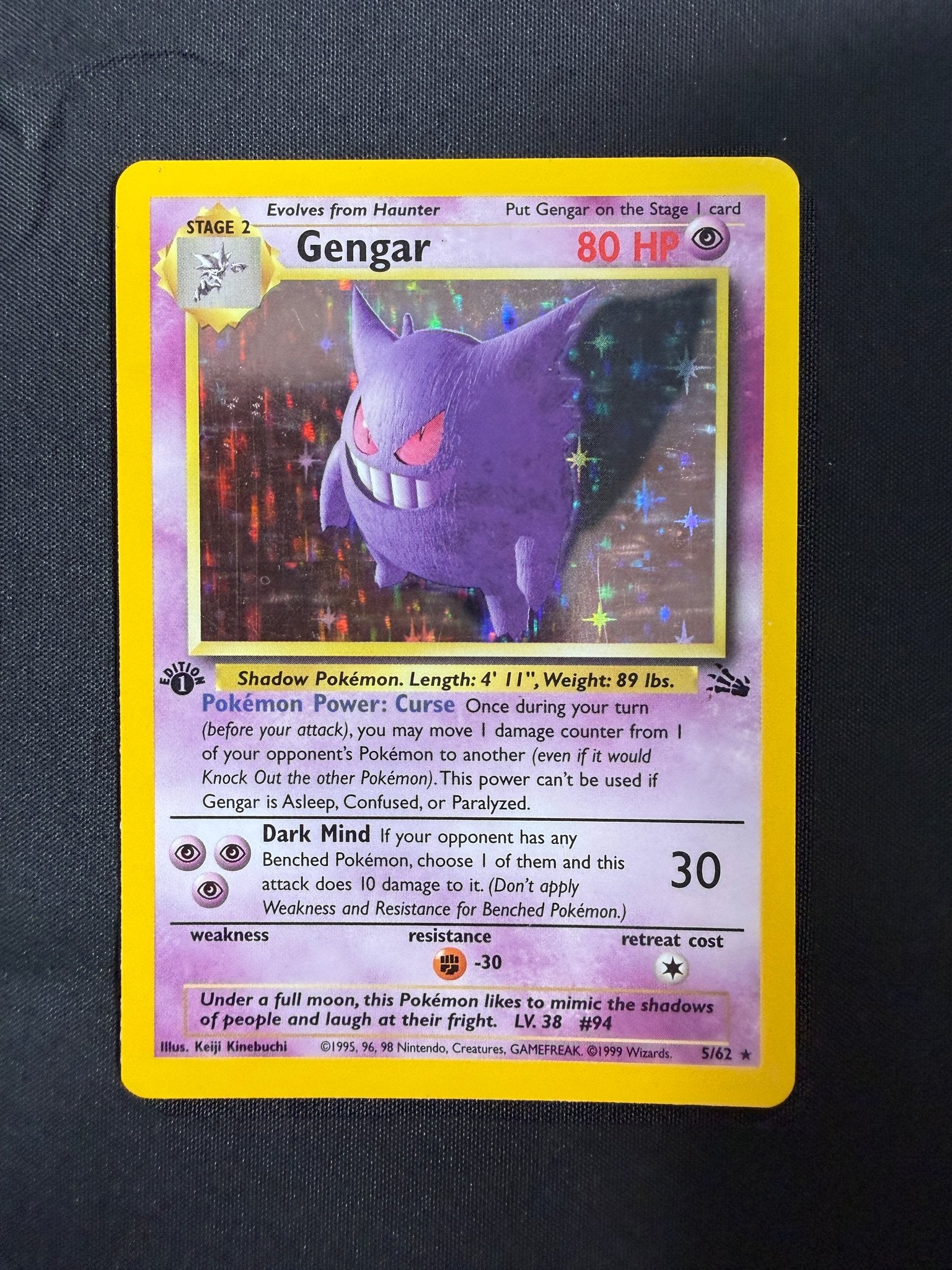 1999 Gengar Fossil 1st Edition Holo 5/62 front