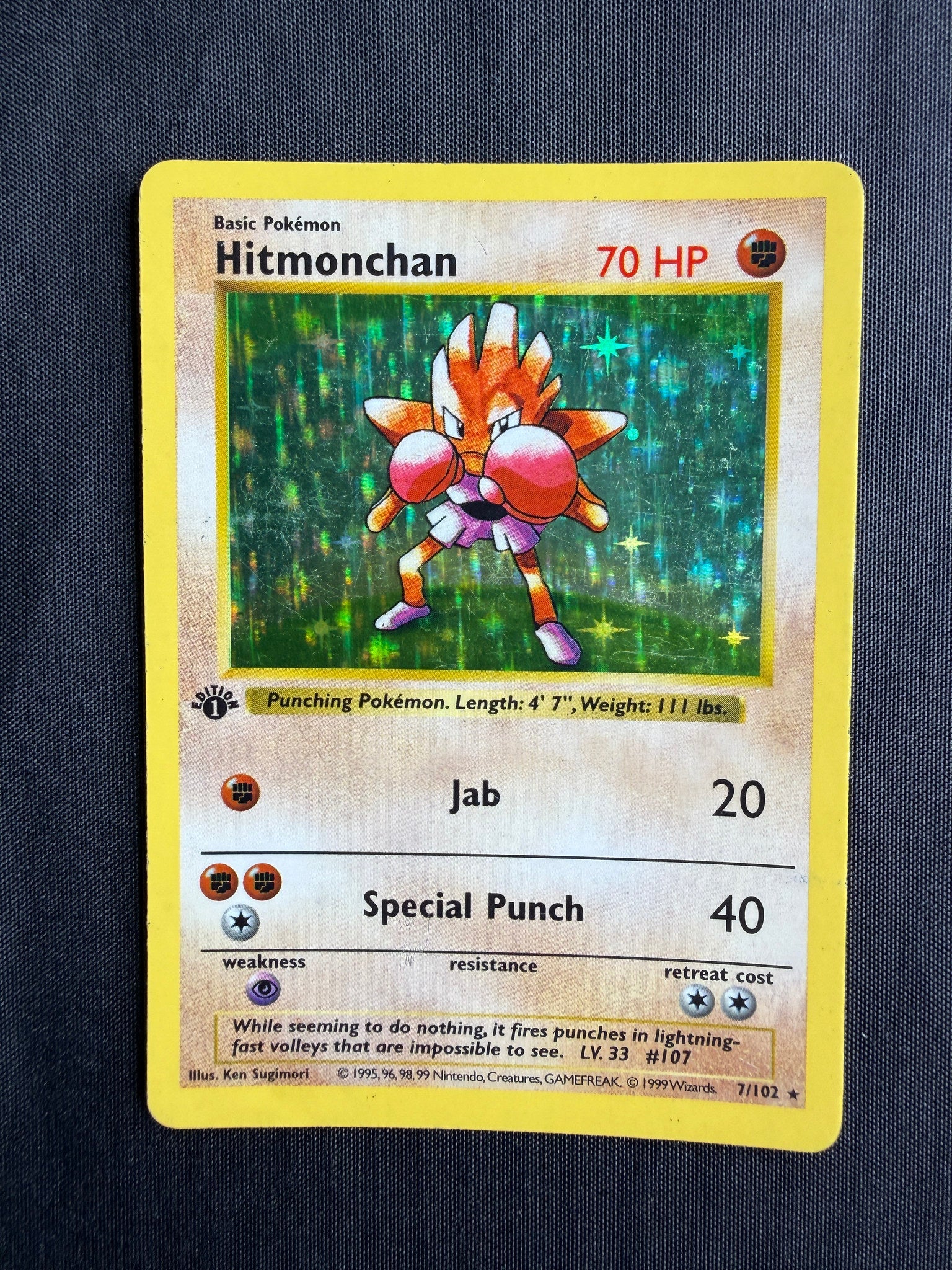 1999 Hitmonchan Base Set 1st Edition Shadowless Holo 7/102 front