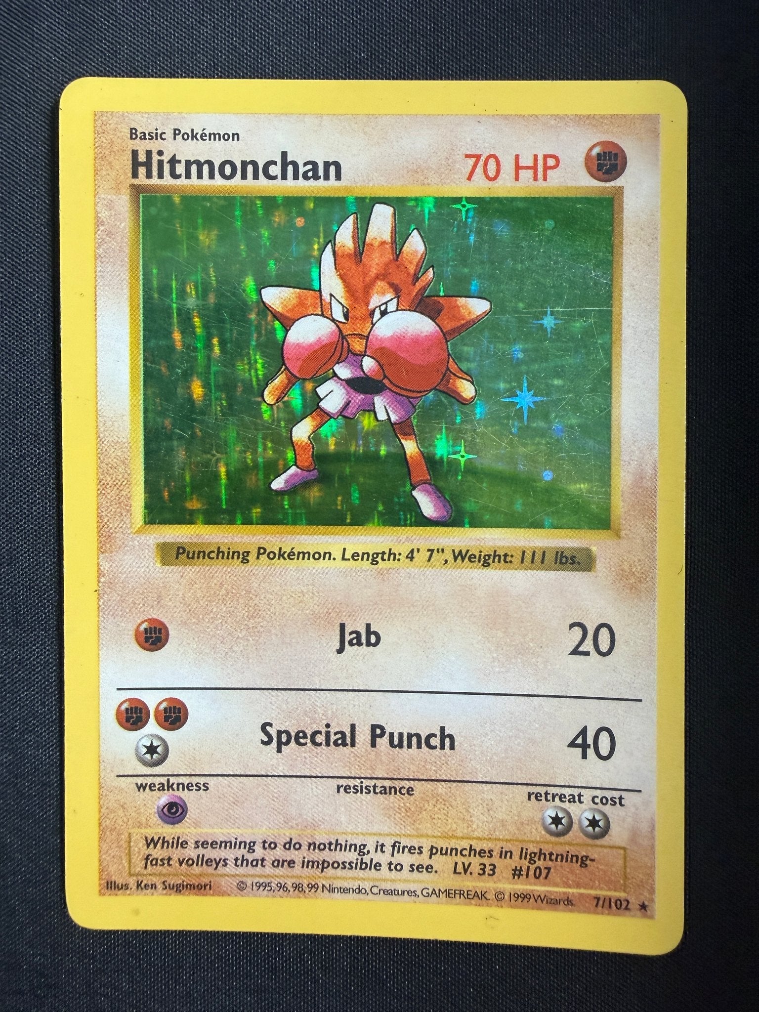 1999 Hitmonchan Base Set Shadowless Holo 7/102 front