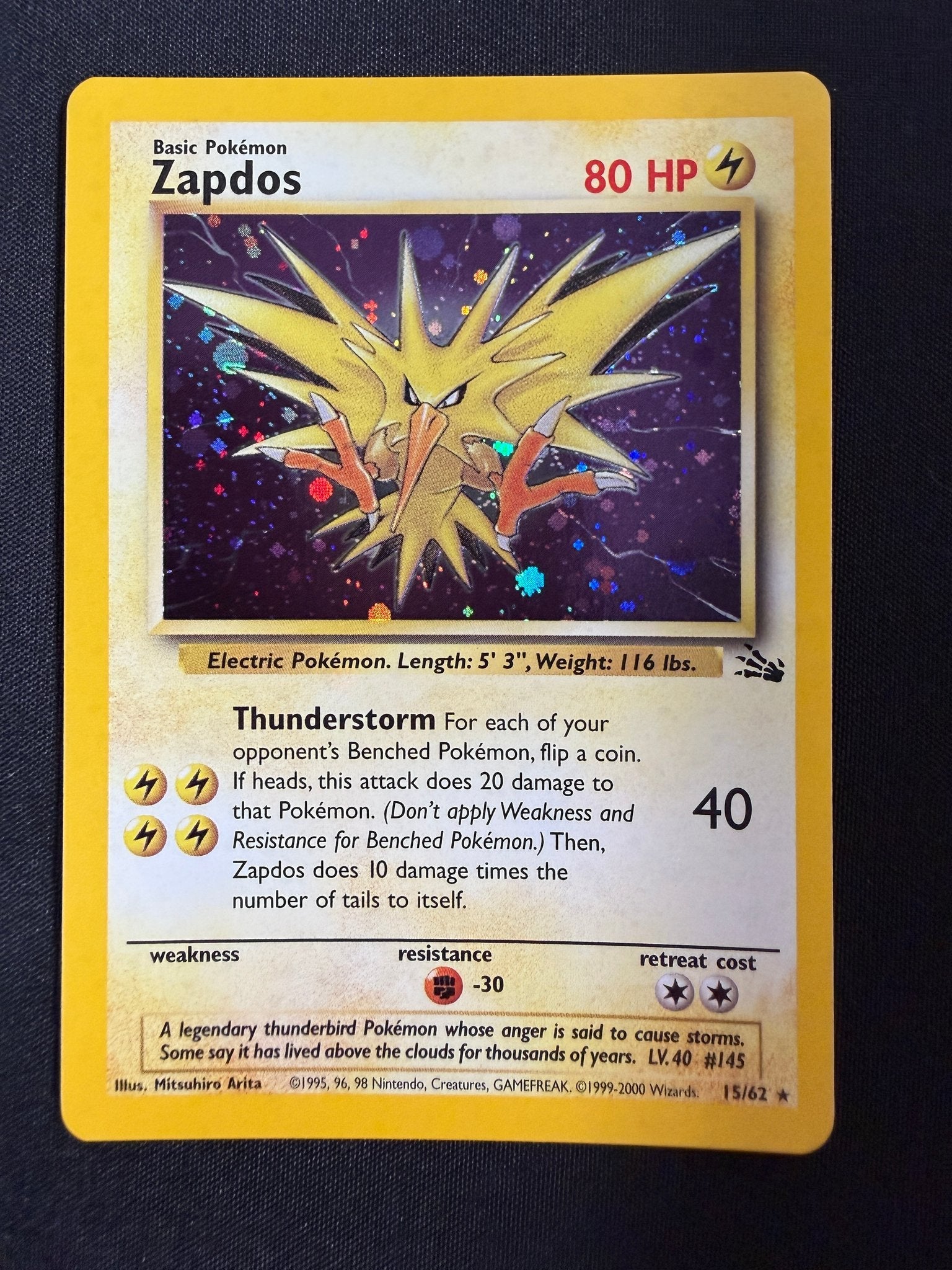 1999 Zapdos Fossil Holo 15/62 front