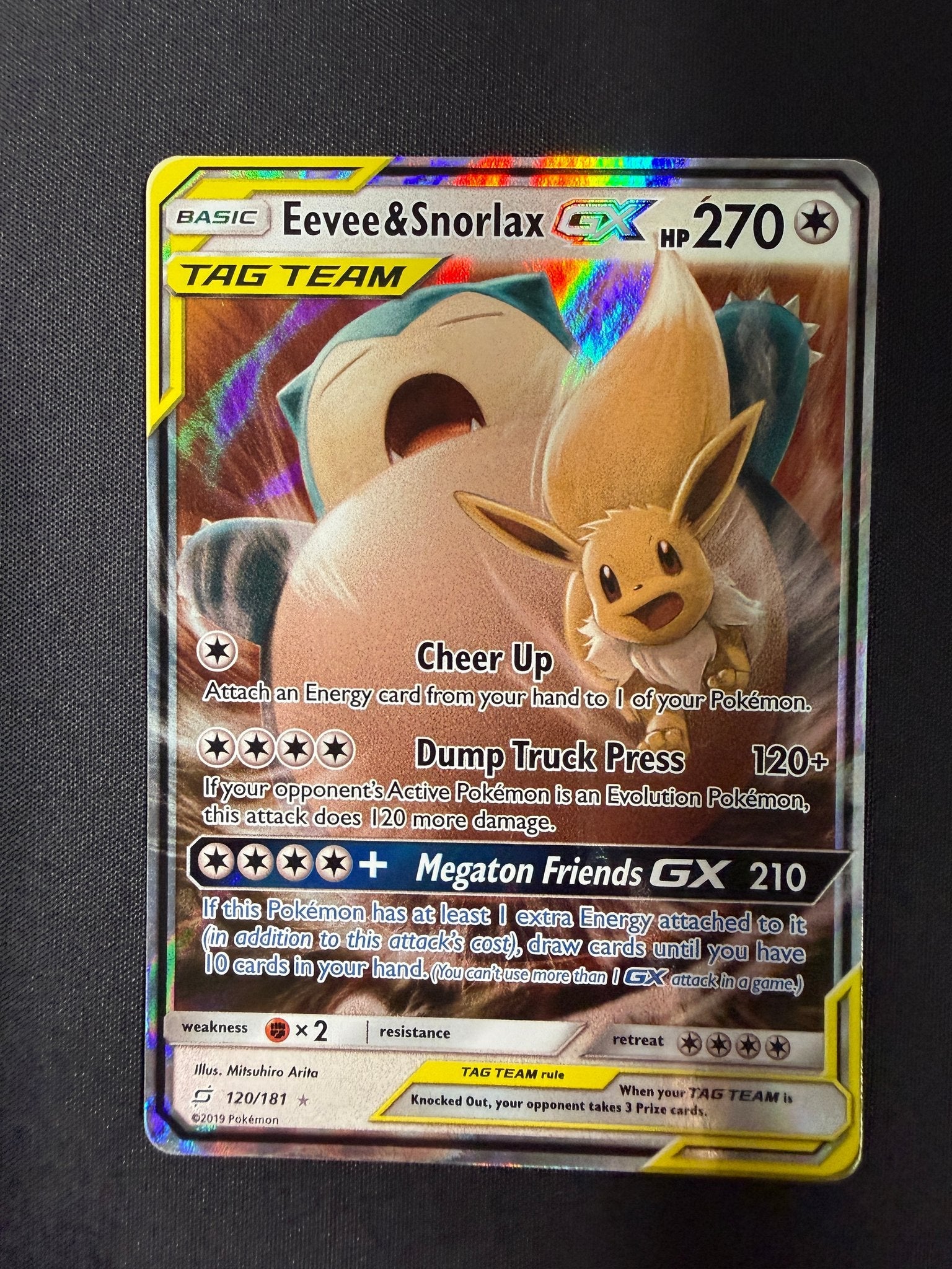2019 Eevee & Snorlax GX Team Up Holo 120/181 front