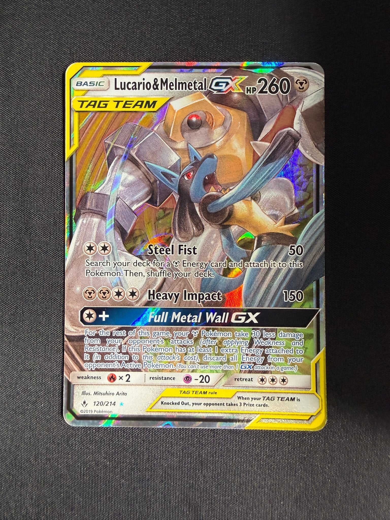 2019 Lucario & Melmetal GX Unbroken Bonds Holo 120/214 front