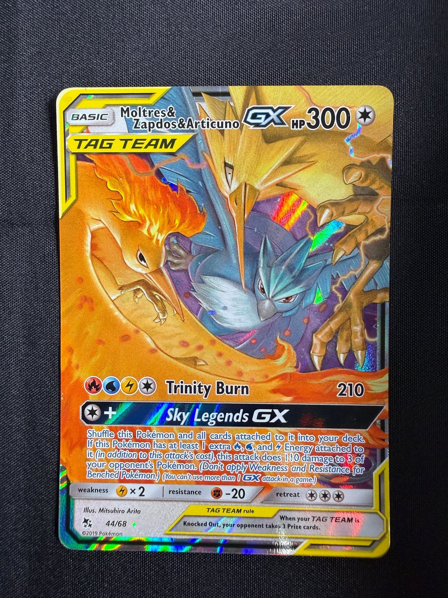 2019 Moltres & Zapdos & Articuno GX Hidden Fates Holo 44/68 front