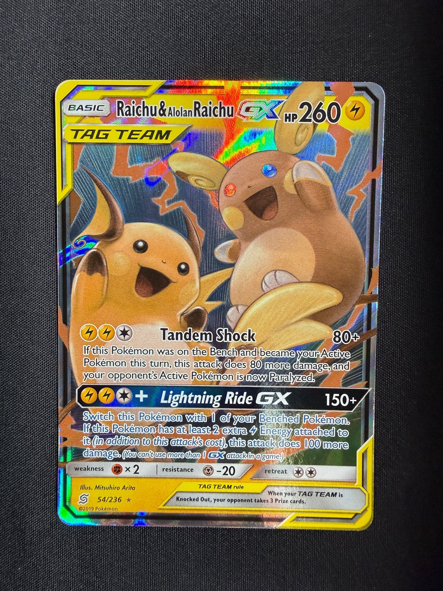 2019 Raichu & Alolan Raichu GX Unified Minds Holo 54/236 front