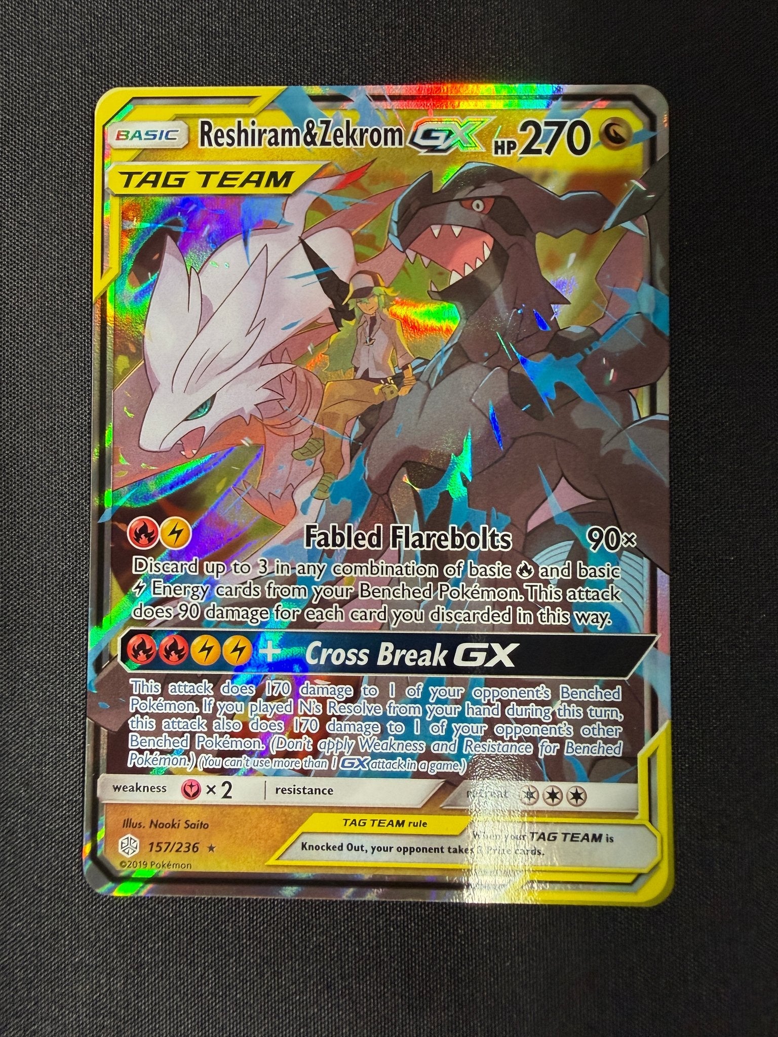 2019 Reshiram & Zekrom GX Cosmic Eclipse Holo 157/236 front